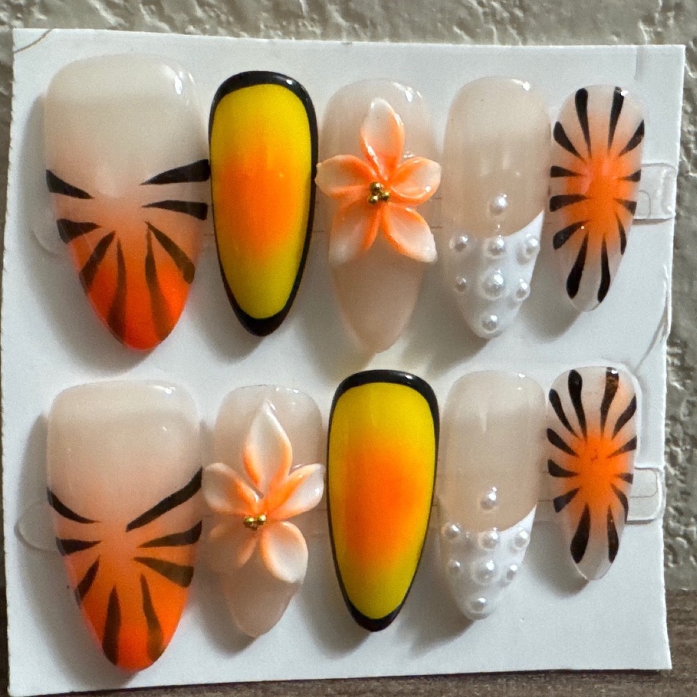 Tropical Sunset Press On Nails 3D Flower Pearl Detail Orange Yellow 10pc Set
